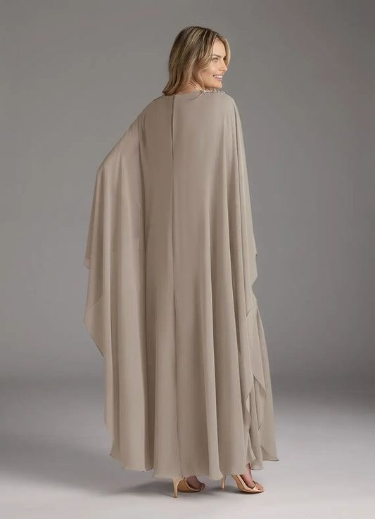 Elegant A-Line V-Neck Long Sleeves Cape Beaded Back Zip Floor-Length Mother of the Bride Dress hot sale