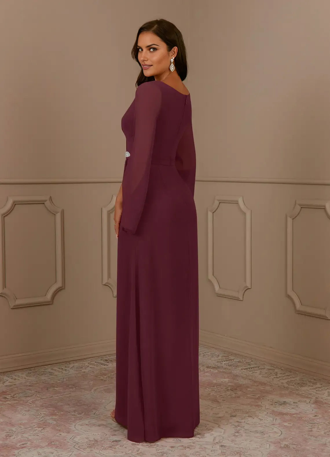 Elegant  A-Line V-Neck Long Sleeves Flutter Sleeve Beaded Back Zip Floor-Length Mother of the Bride Dress for ladies hot sale