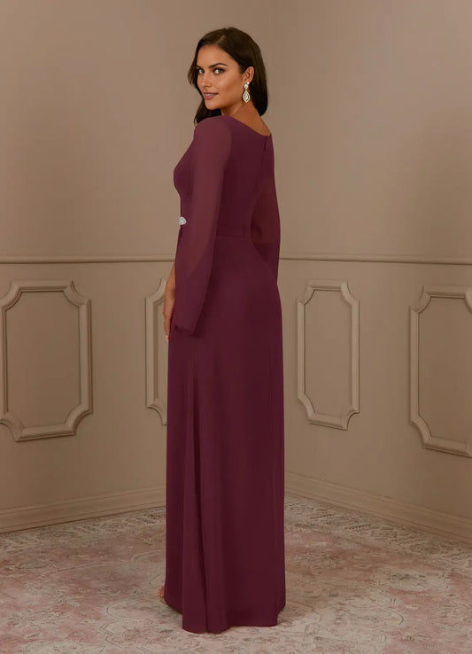 Elegant  A-Line V-Neck Long Sleeves Flutter Sleeve Beaded Back Zip Floor-Length Mother of the Bride Dress for ladies hot sale