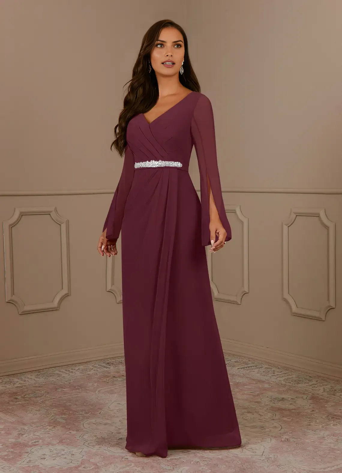 Elegant  A-Line V-Neck Long Sleeves Flutter Sleeve Beaded Back Zip Floor-Length Mother of the Bride Dress for ladies hot sale