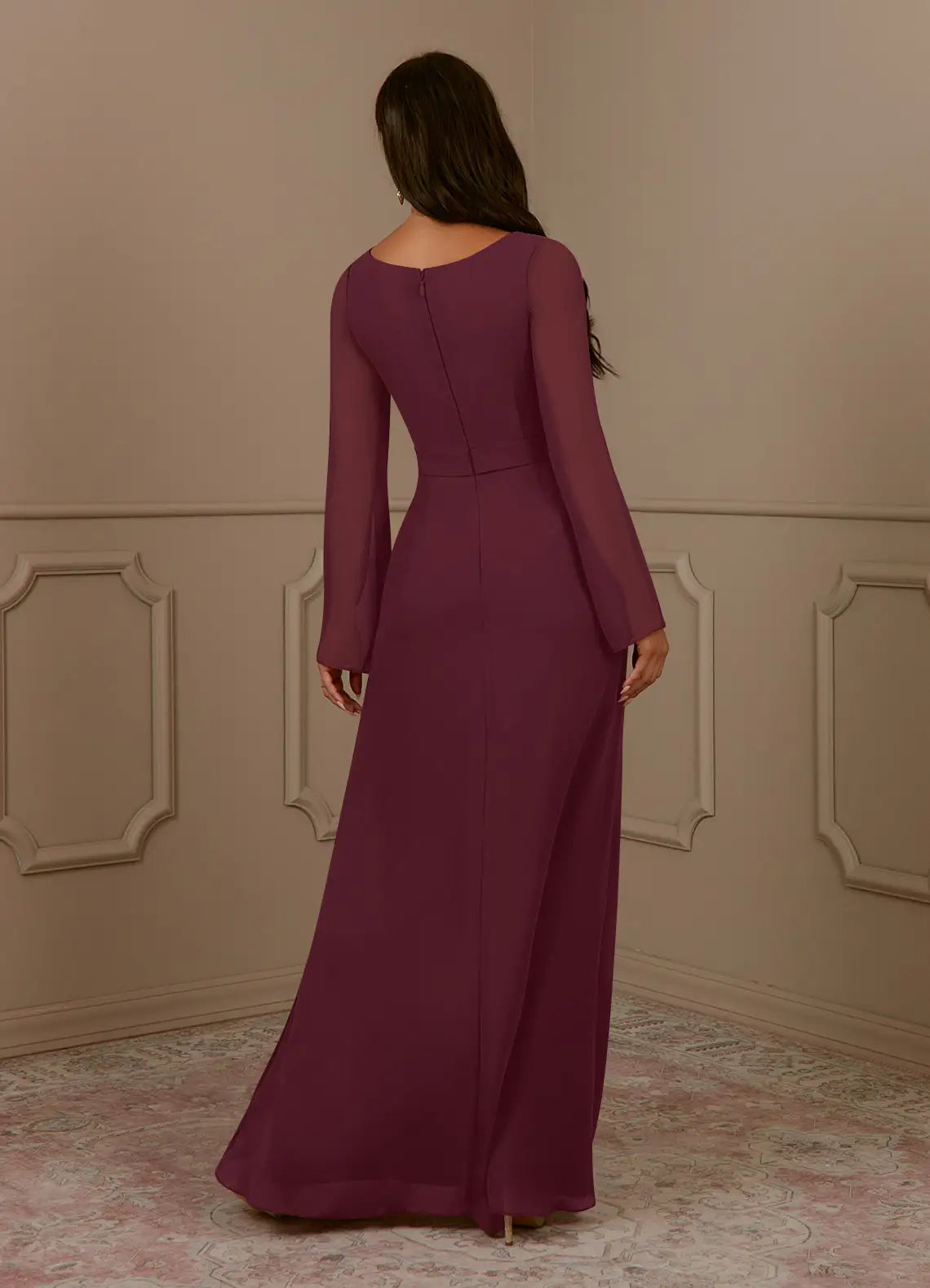 Elegant  A-Line V-Neck Long Sleeves Flutter Sleeve Beaded Back Zip Floor-Length Mother of the Bride Dress for ladies hot sale