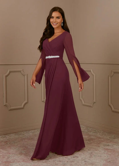 Elegant  A-Line V-Neck Long Sleeves Flutter Sleeve Beaded Back Zip Floor-Length Mother of the Bride Dress for ladies hot sale