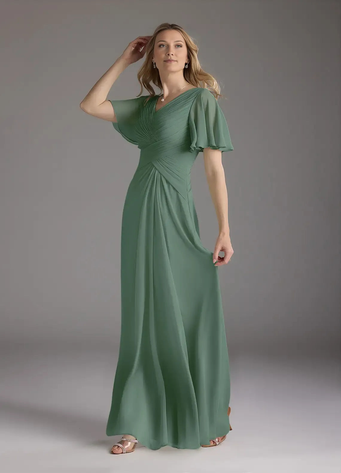Elegant A-Line V-Neck Ruched Chiffon Flutter Sleeve Back Zip Floor-Length Mother of the Bride Dress for women Custom