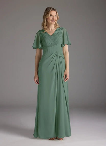 Elegant A-Line V-Neck Ruched Chiffon Flutter Sleeve Back Zip Floor-Length Mother of the Bride Dress for women Custom