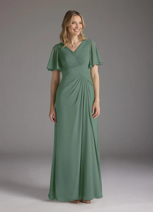 Elegant A-Line V-Neck Ruched Chiffon Flutter Sleeve Back Zip Floor-Length Mother of the Bride Dress for women Custom