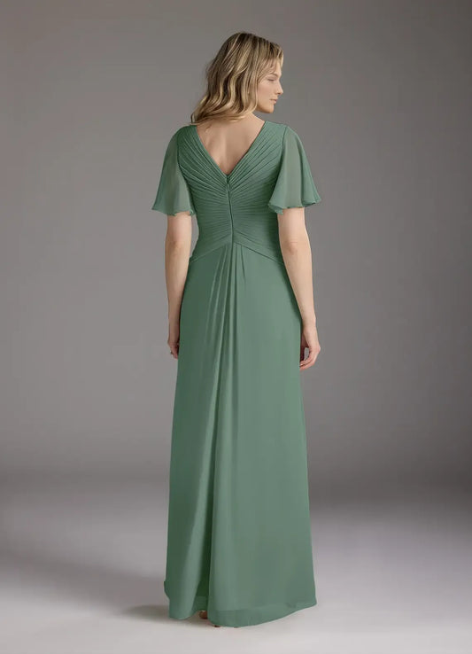 Elegant A-Line V-Neck Ruched Chiffon Flutter Sleeve Back Zip Floor-Length Mother of the Bride Dress for women Custom
