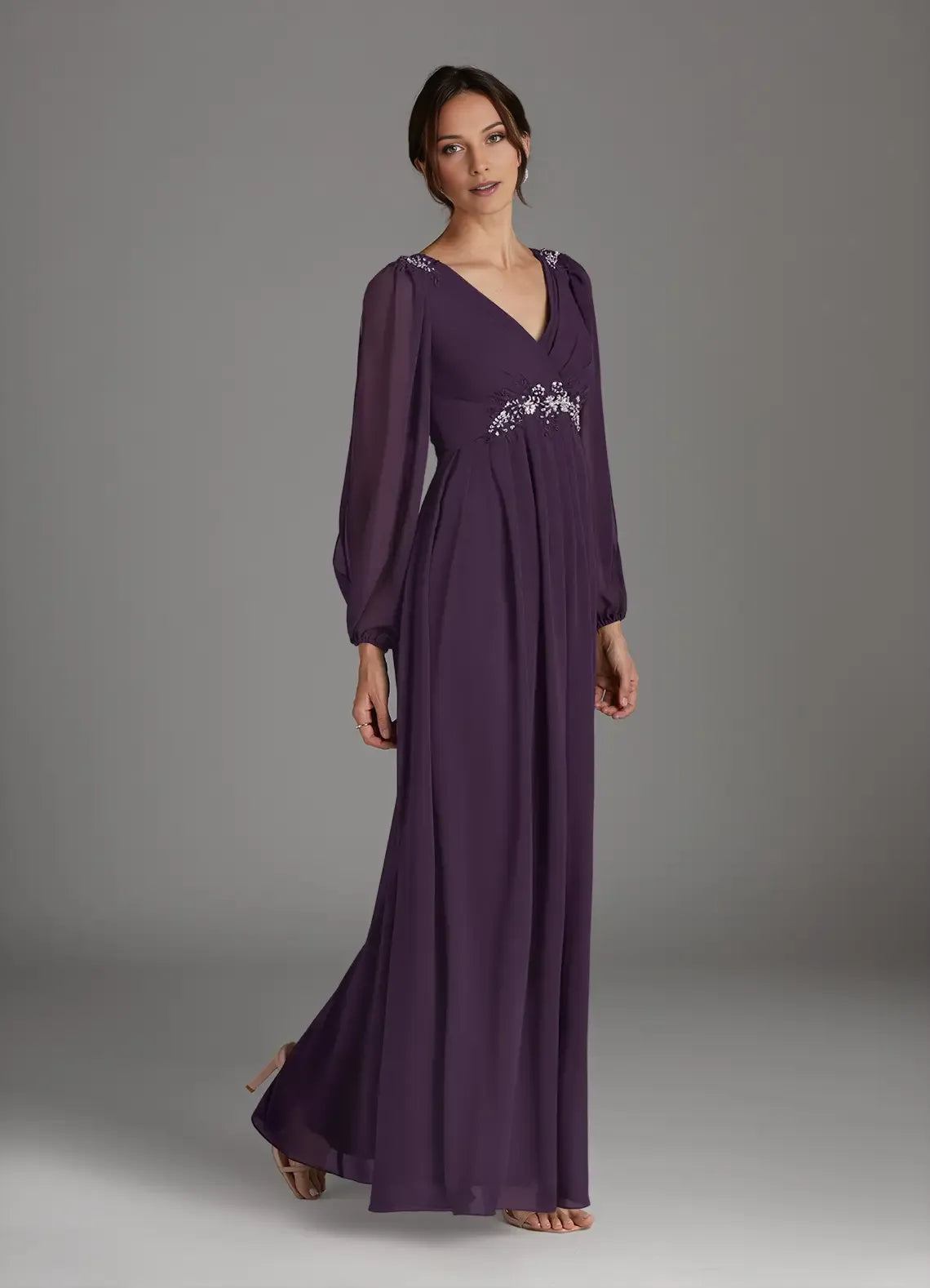Elegant  A-Line V-Neck Sequins Chiffon Long Sleeves Back Zip Floor-Length Mother of the Bride Dress for mother of the bride hot sale