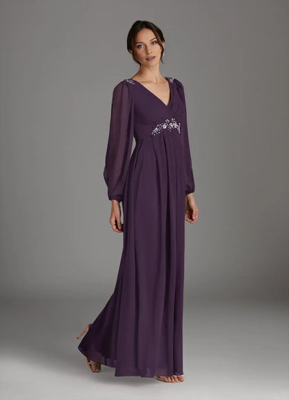 Elegant  A-Line V-Neck Sequins Chiffon Long Sleeves Back Zip Floor-Length Mother of the Bride Dress for mother of the bride hot sale