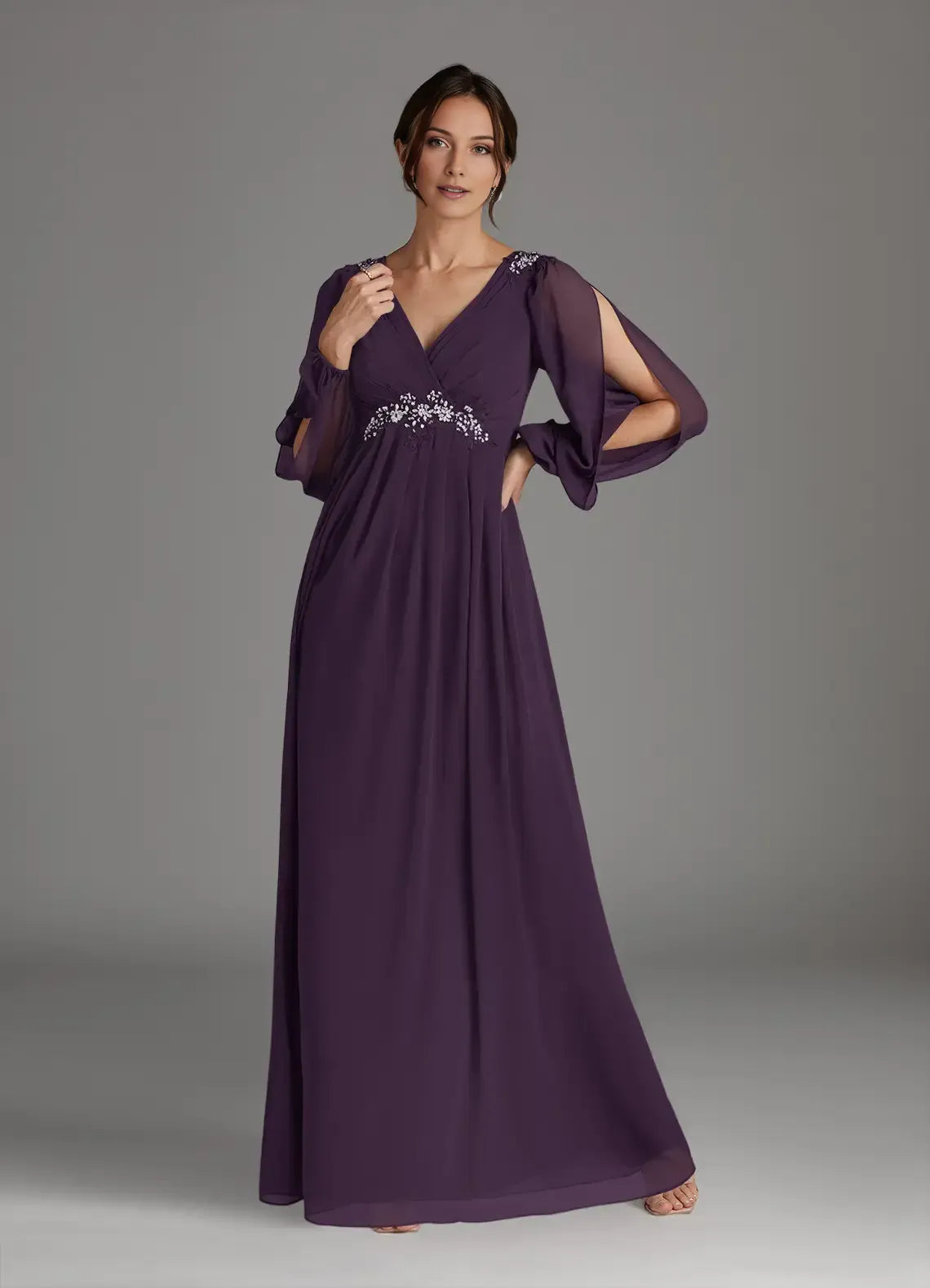 Elegant  A-Line V-Neck Sequins Chiffon Long Sleeves Back Zip Floor-Length Mother of the Bride Dress for mother of the bride hot sale