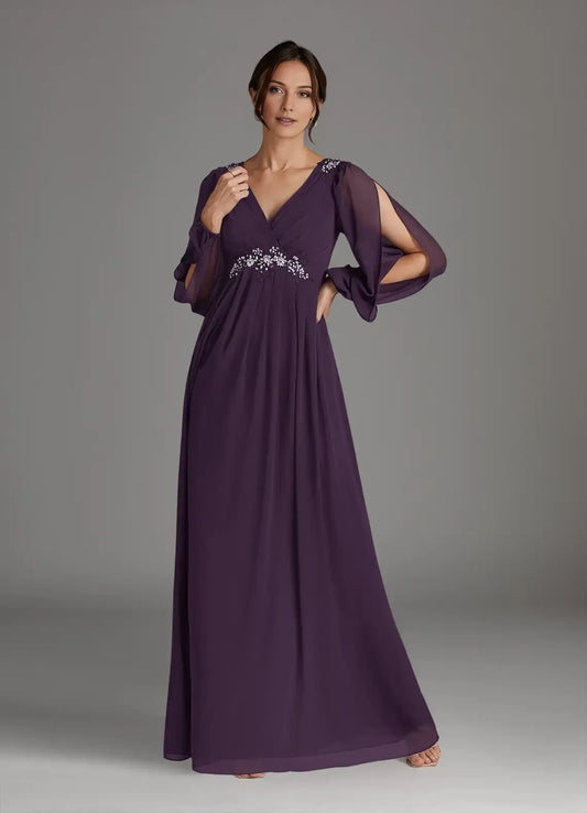 Elegant  A-Line V-Neck Sequins Chiffon Long Sleeves Back Zip Floor-Length Mother of the Bride Dress for mother of the bride hot sale