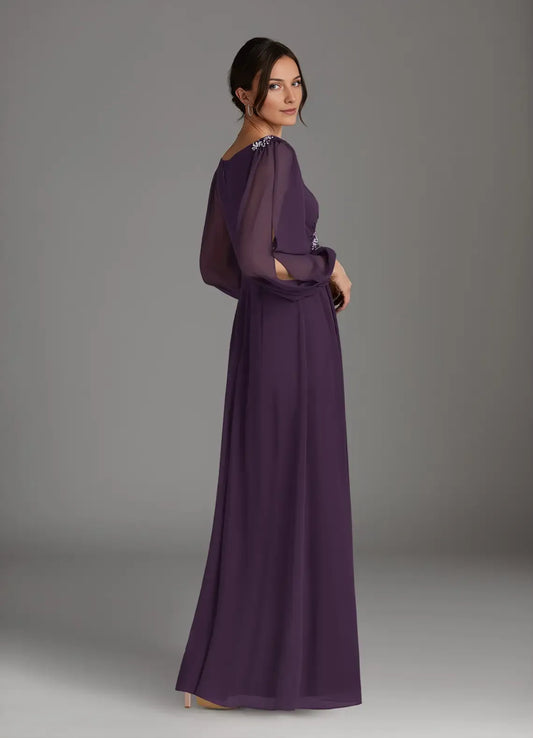Elegant  A-Line V-Neck Sequins Chiffon Long Sleeves Back Zip Floor-Length Mother of the Bride Dress for mother of the bride hot sale