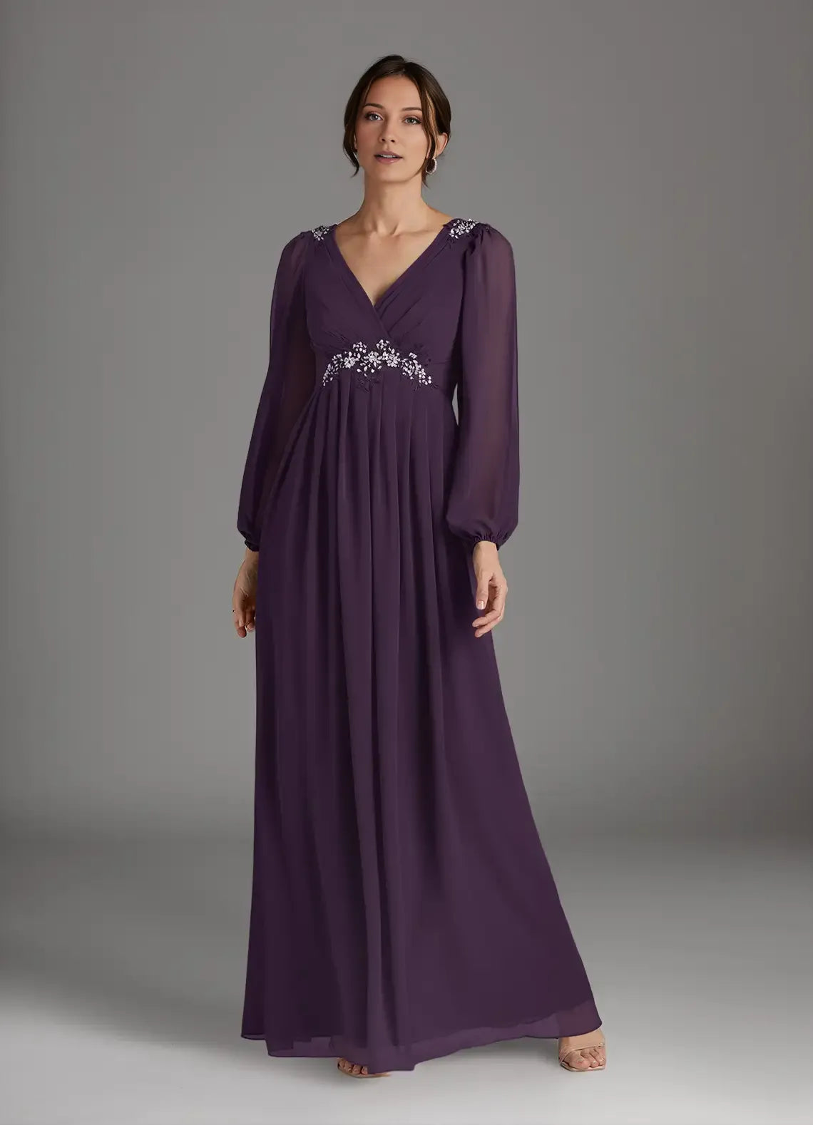 Elegant  A-Line V-Neck Sequins Chiffon Long Sleeves Back Zip Floor-Length Mother of the Bride Dress for mother of the bride hot sale