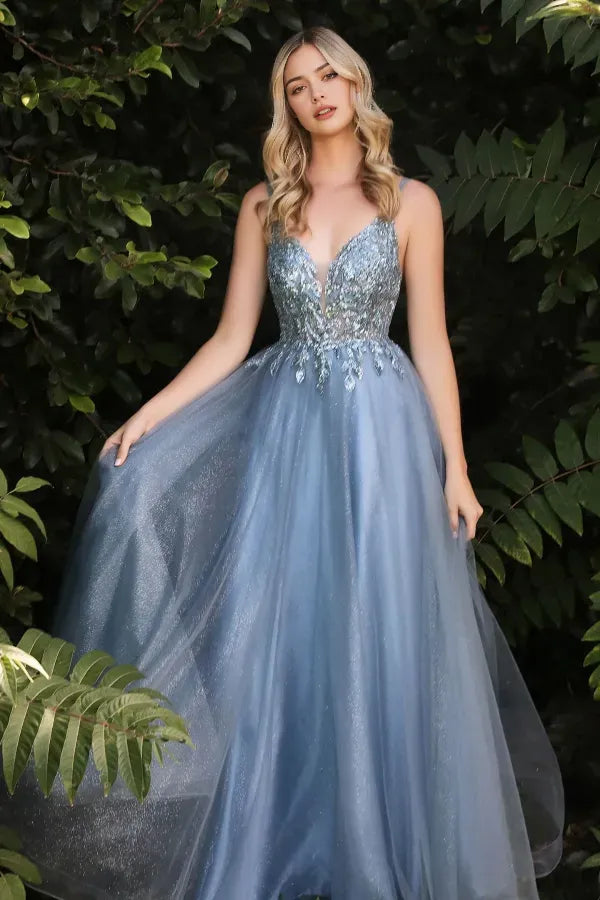 Elegant A-Line V-Neck Spaghetti Strap Beaded Tulle Floor-Length Appliques Prom Dress Hot Sale