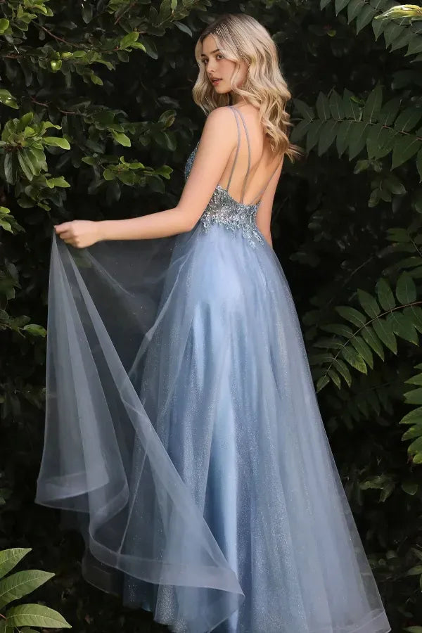 Elegant A-Line V-Neck Spaghetti Strap Beaded Tulle Floor-Length Appliques Prom Dress Hot Sale