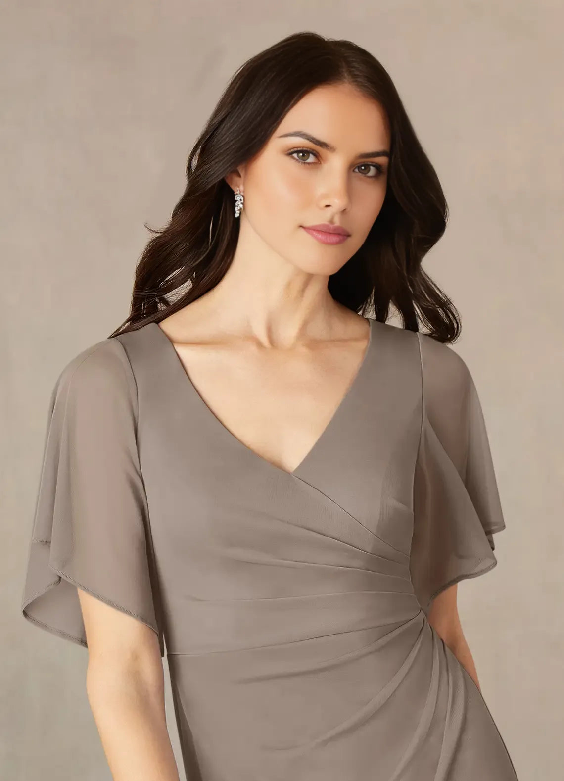 Elegant  A-Line V-Neck ruched Flutter Sleeve Scoop Back Zip Floor-Length Mother of the Bride Dress for women hot sale