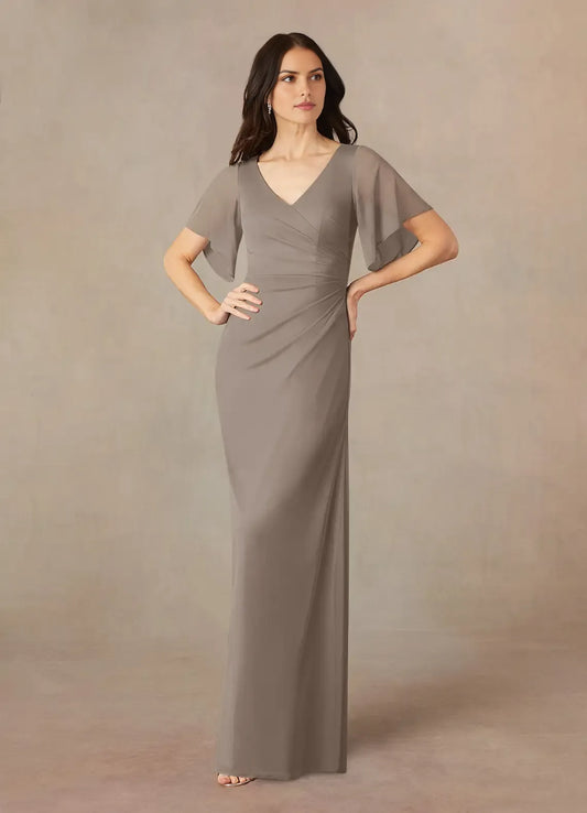 Elegant  A-Line V-Neck ruched Flutter Sleeve Scoop Back Zip Floor-Length Mother of the Bride Dress for women hot sale