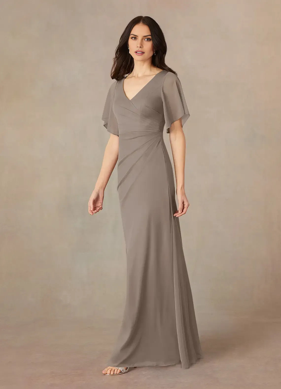Elegant  A-Line V-Neck ruched Flutter Sleeve Scoop Back Zip Floor-Length Mother of the Bride Dress for women hot sale