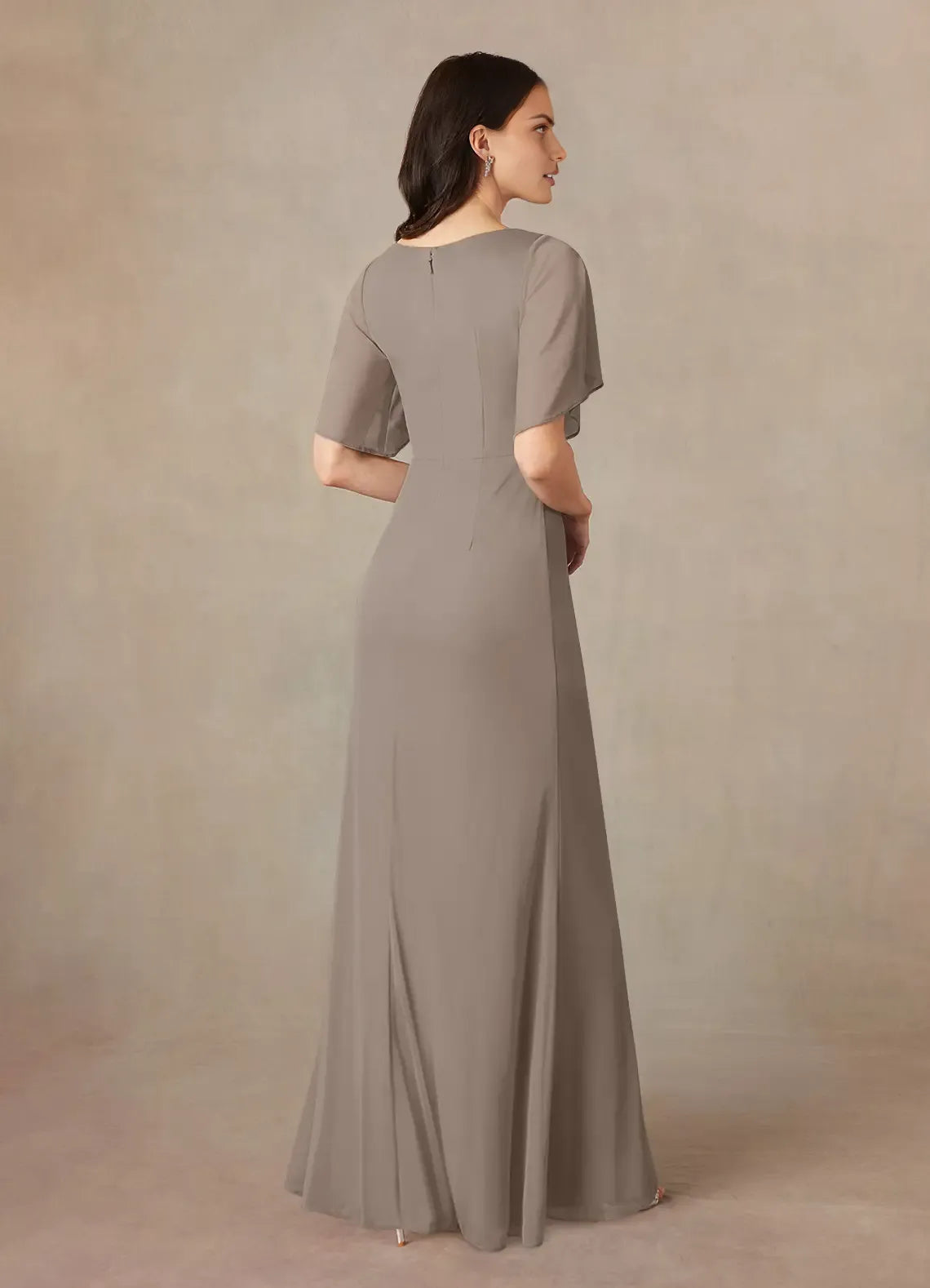 Elegant  A-Line V-Neck ruched Flutter Sleeve Scoop Back Zip Floor-Length Mother of the Bride Dress for women hot sale