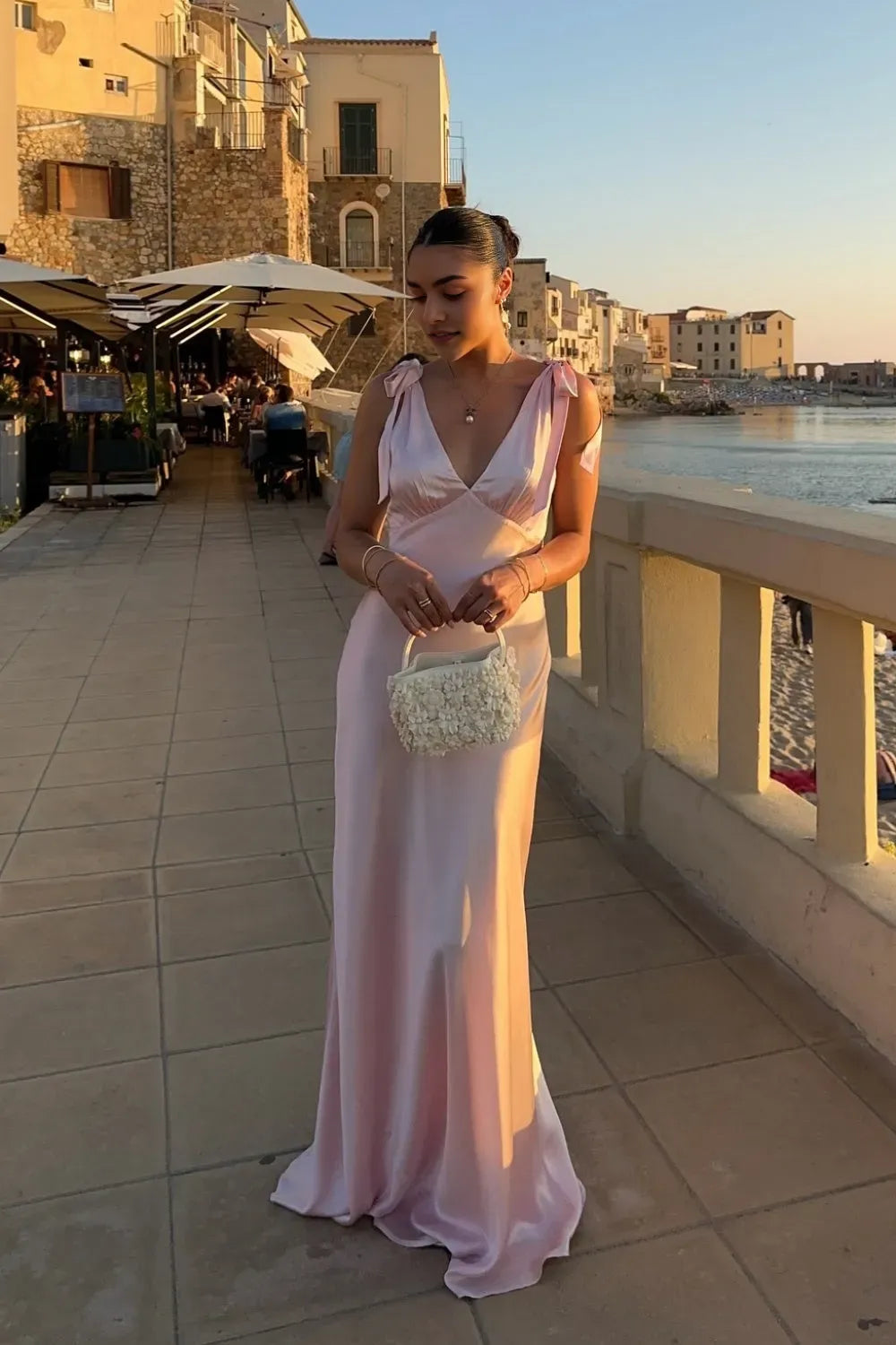 Elegant  A-line Satin Pink V- Neck Sleeveless Ruched Side Zip Floor- Length Prom Dresses for sale