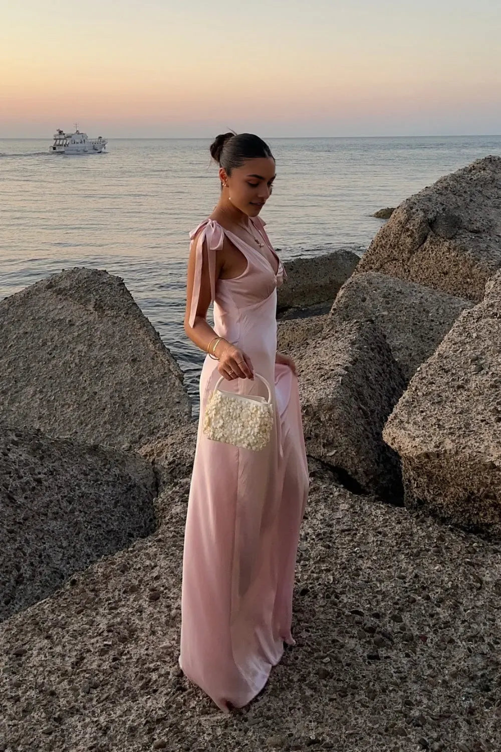 Elegant  A-line Satin Pink V- Neck Sleeveless Ruched Side Zip Floor- Length Prom Dresses for sale