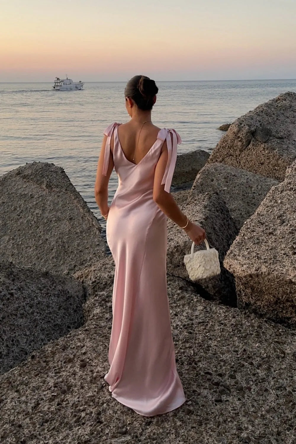 Elegant  A-line Satin Pink V- Neck Sleeveless Ruched Side Zip Floor- Length Prom Dresses for sale