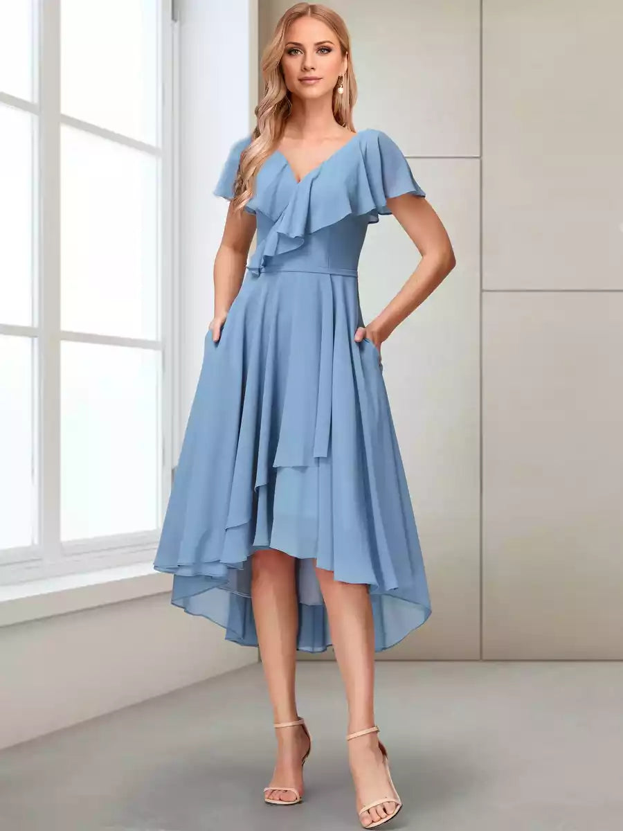 Elegant A-line V-neck short sleeved asymmetrical chiffon Mother of the Bride Dresses