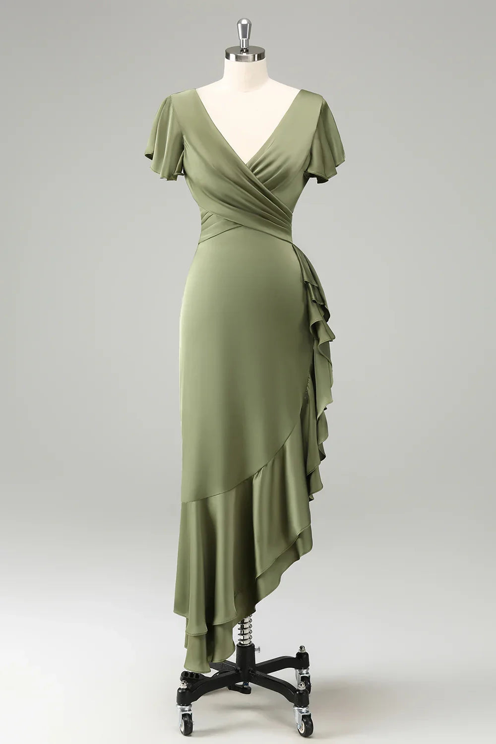 Elegant A-line V-neck short sleeved asymmetrical pleated bridesmaid dress