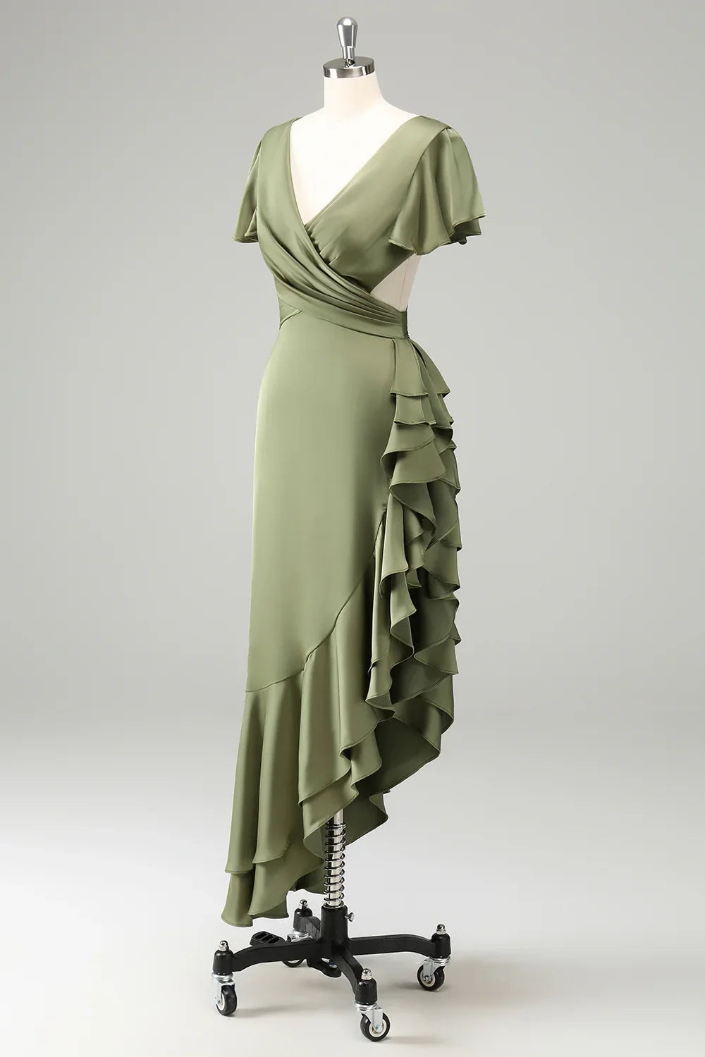 Elegant A-line V-neck short sleeved asymmetrical pleated bridesmaid dress