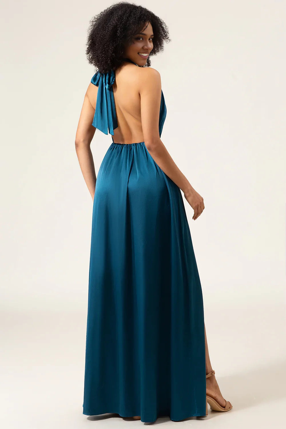 Elegant A-line backless and floor slit bridesmaid dress