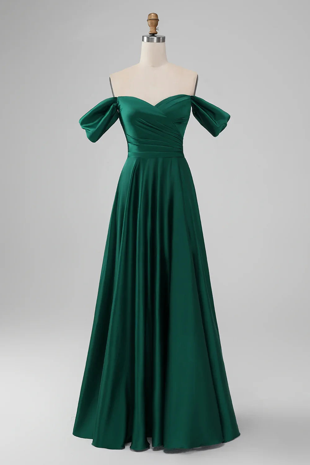 Elegant A-line off shoulder pleated satin long bridesmaid dress
