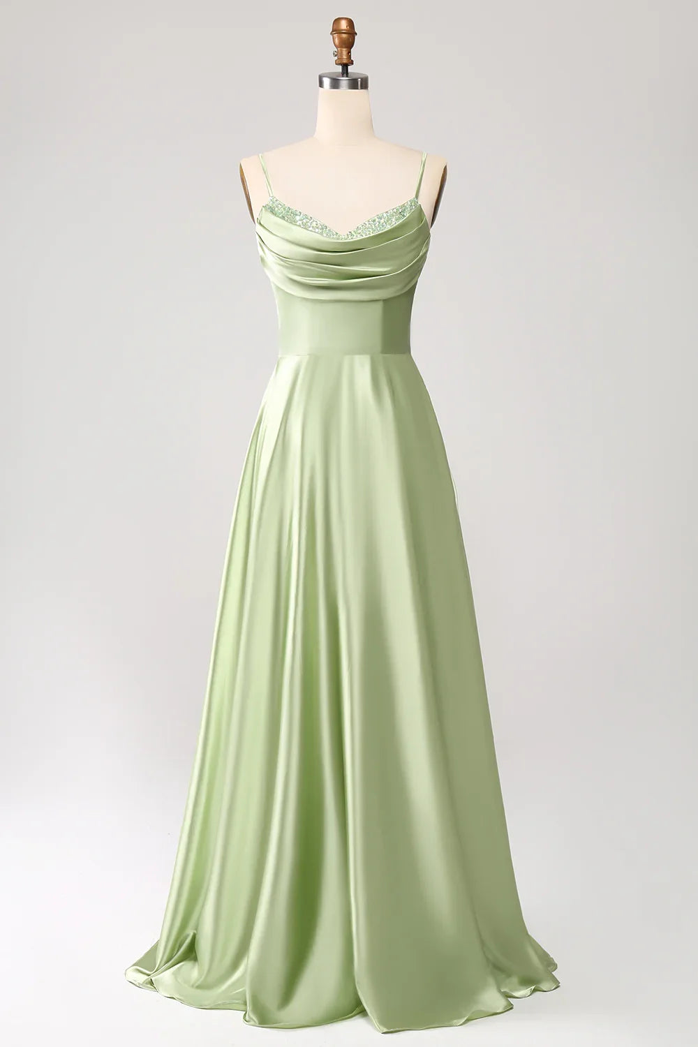 Elegant A-line pleated collar with thin shoulder straps and sequined extra long bridesmaid dress