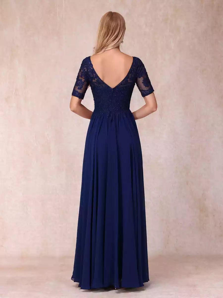Elegant A-line/princess style V-neck short sleeved long formal bead and decal Mother of the Bride Dresses