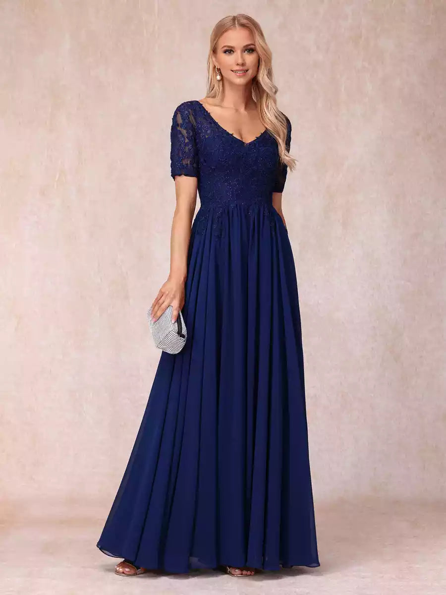 Elegant A-line/princess style V-neck short sleeved long formal bead and decal Mother of the Bride Dresses