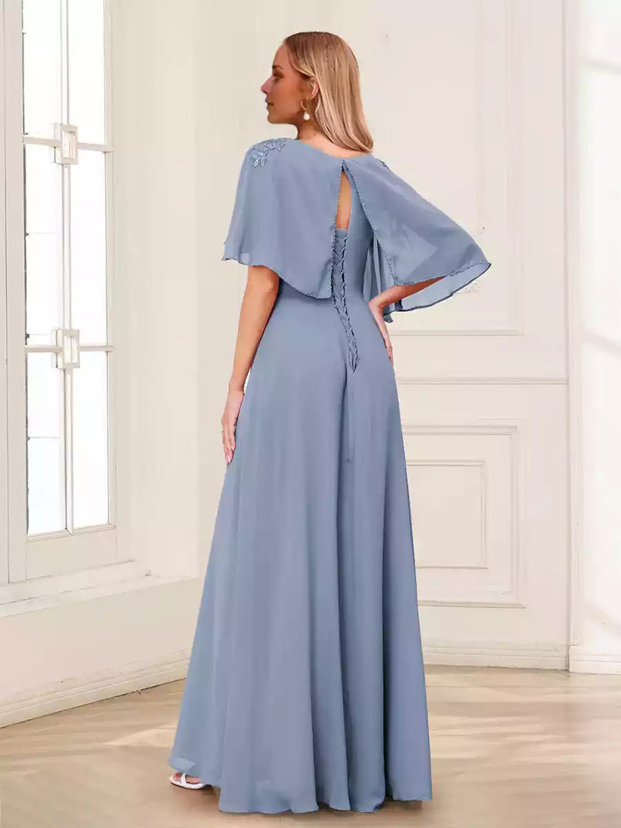 Elegant A-line/princess style hanging collar half sleeve long decal Mother of the Bride Dresses