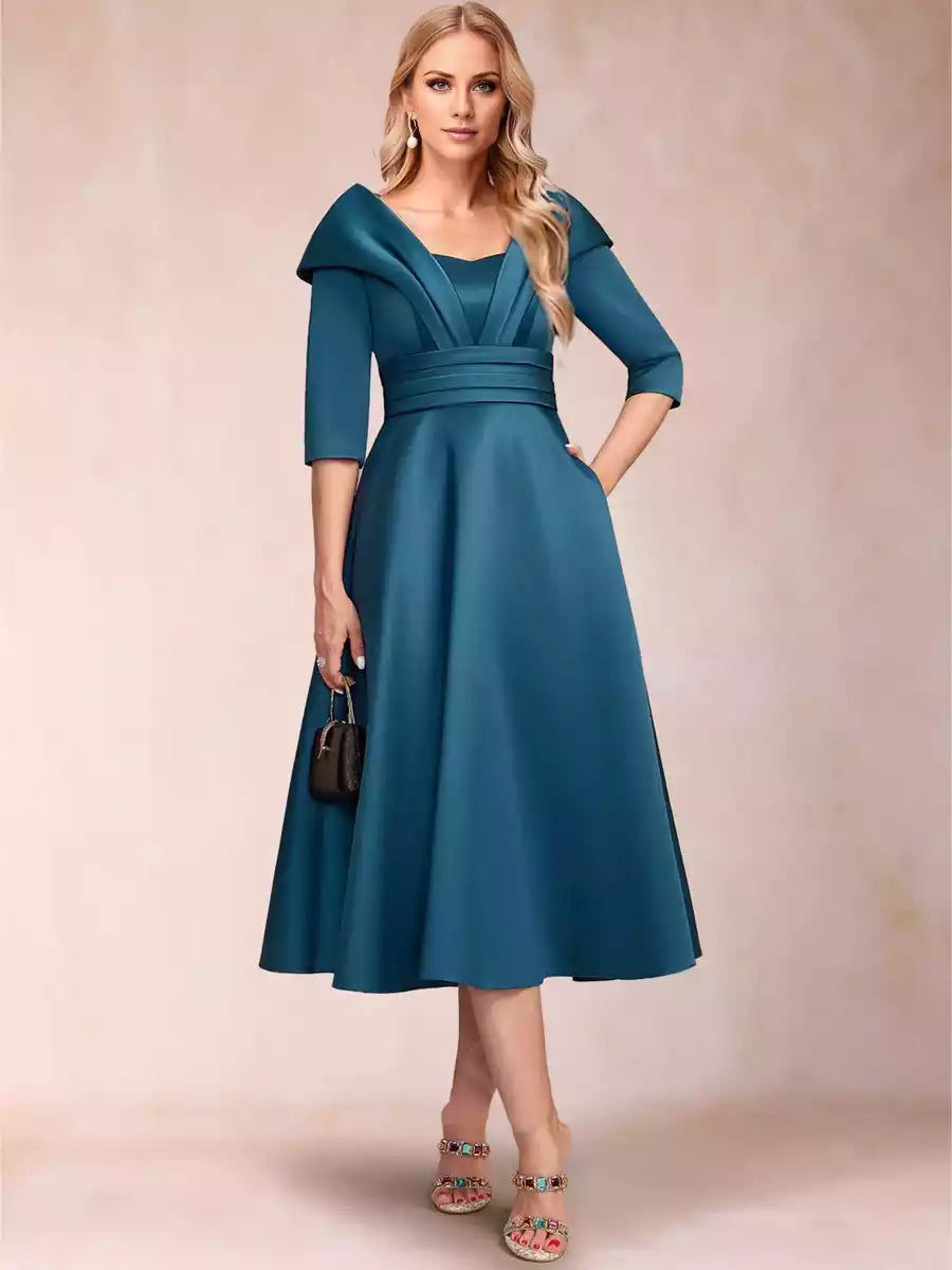 Elegant A-line/princess style sweetheart collar with three quarter sleeves and knee high pleats, Mother of the Bride Dresses
