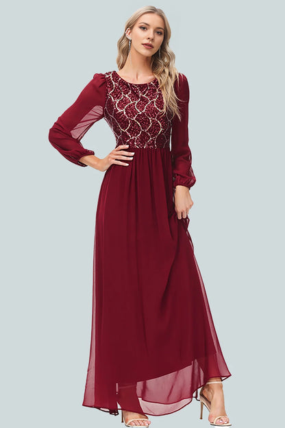 Elegant A-line round neck chiffon patchwork sequin dress for evening wear