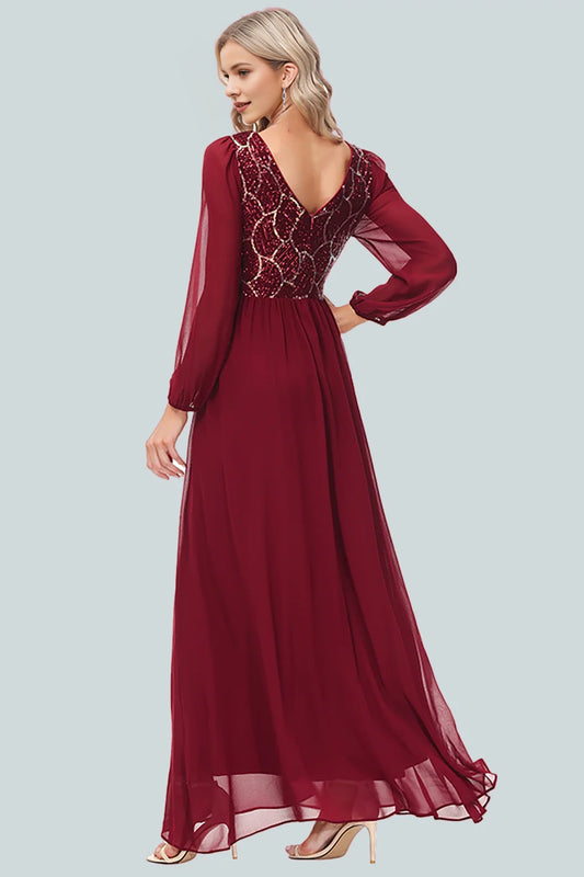 Elegant A-line round neck chiffon patchwork sequin dress for evening wear