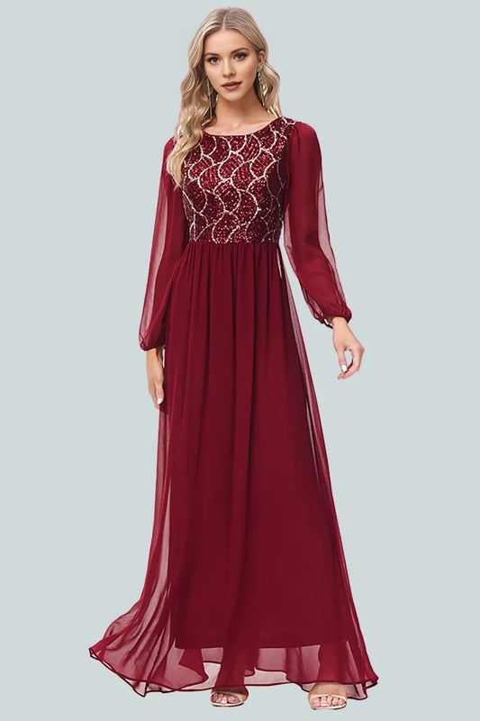 Elegant A-line round neck chiffon patchwork sequin dress for evening wear
