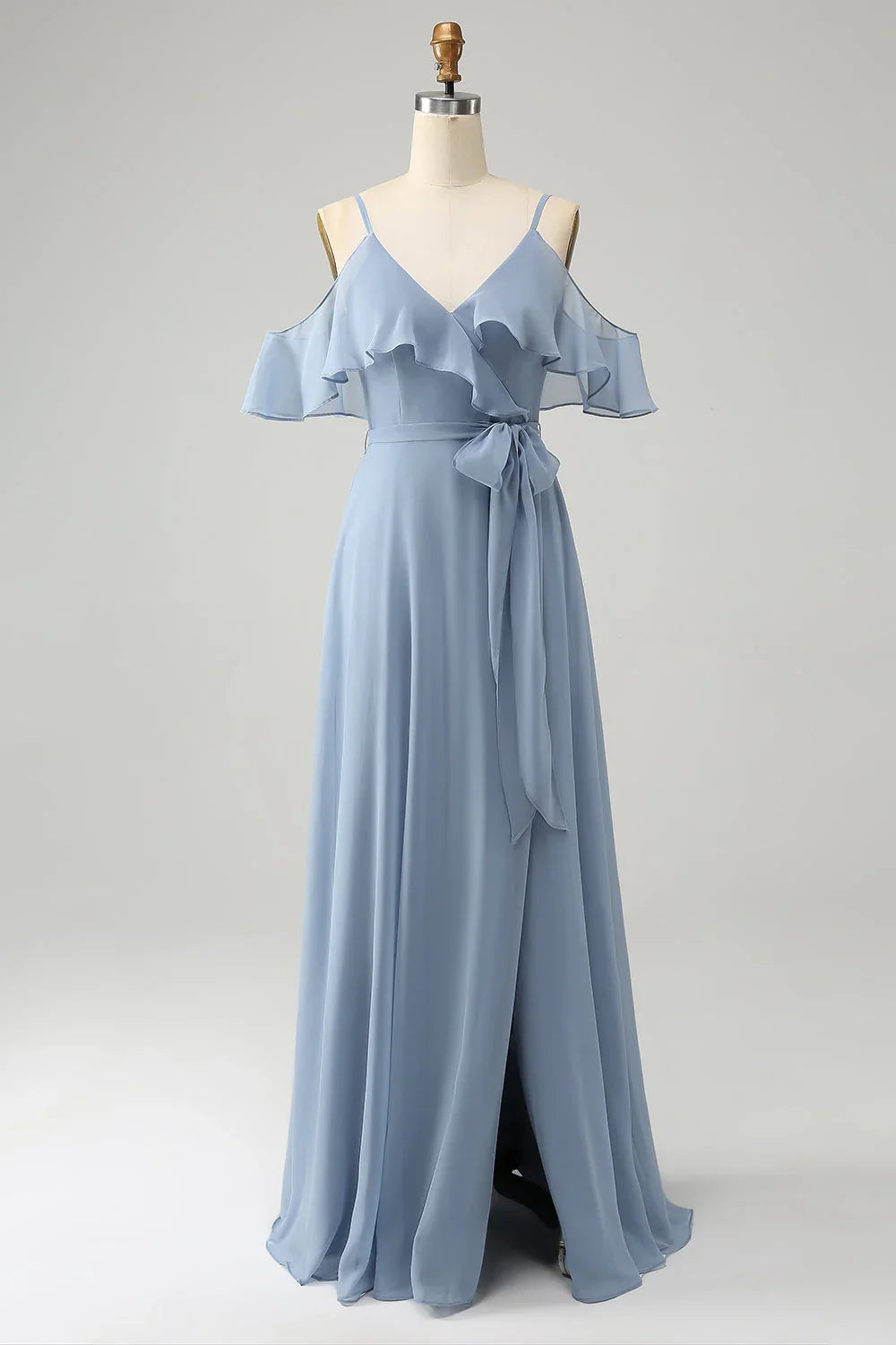 Elegant A-line slim shoulder chiffon slit long bridesmaid dress
