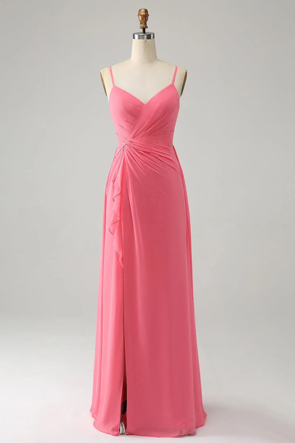 Elegant A-line slim shoulder chiffon slit long bridesmaid dress