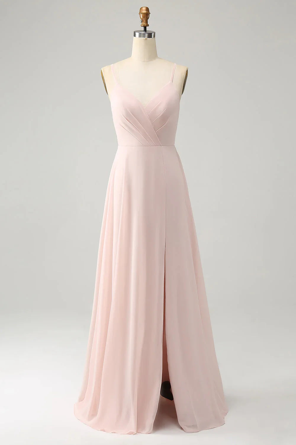 Elegant A-line slim shoulder chiffon slit long bridesmaid dress
