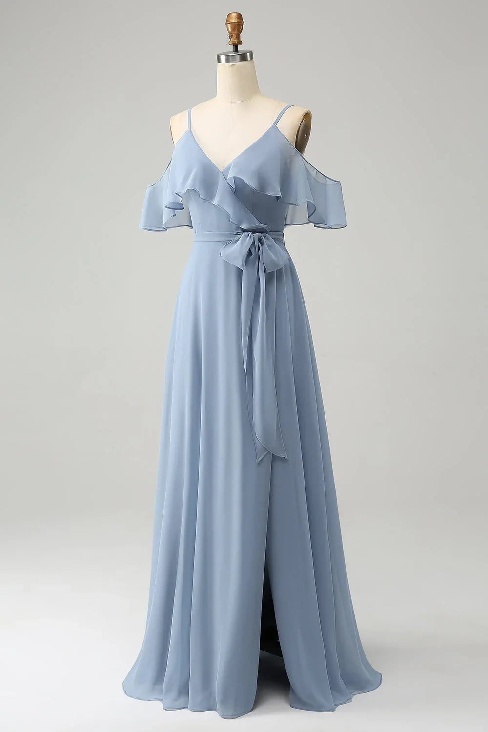 Elegant A-line slim shoulder chiffon slit long bridesmaid dress