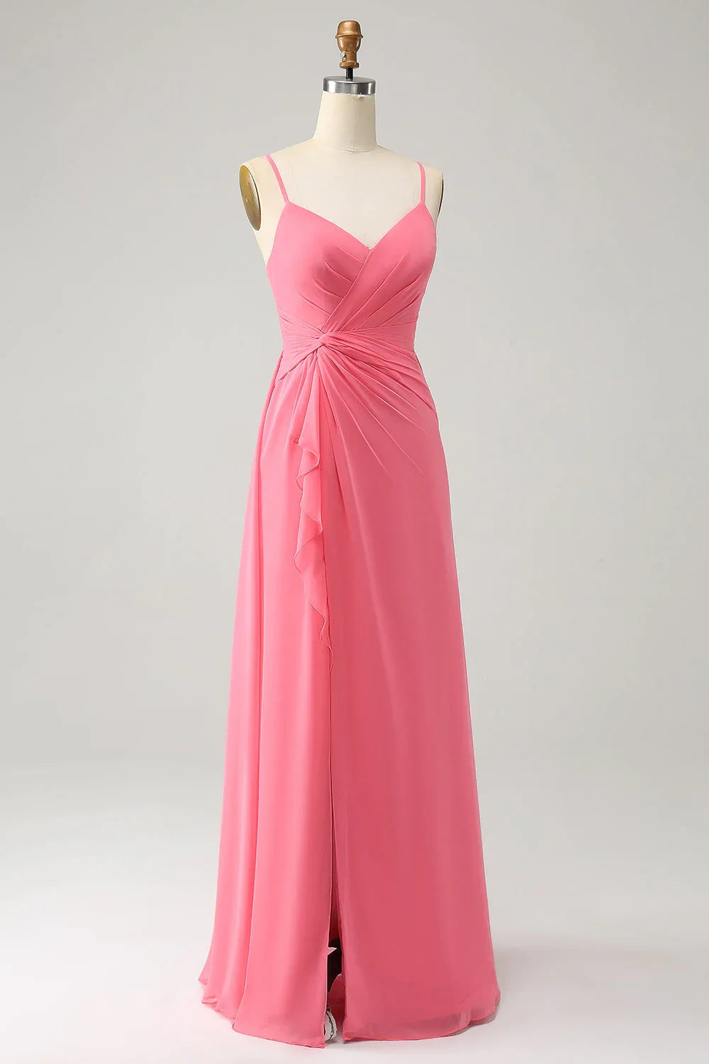 Elegant A-line slim shoulder chiffon slit long bridesmaid dress