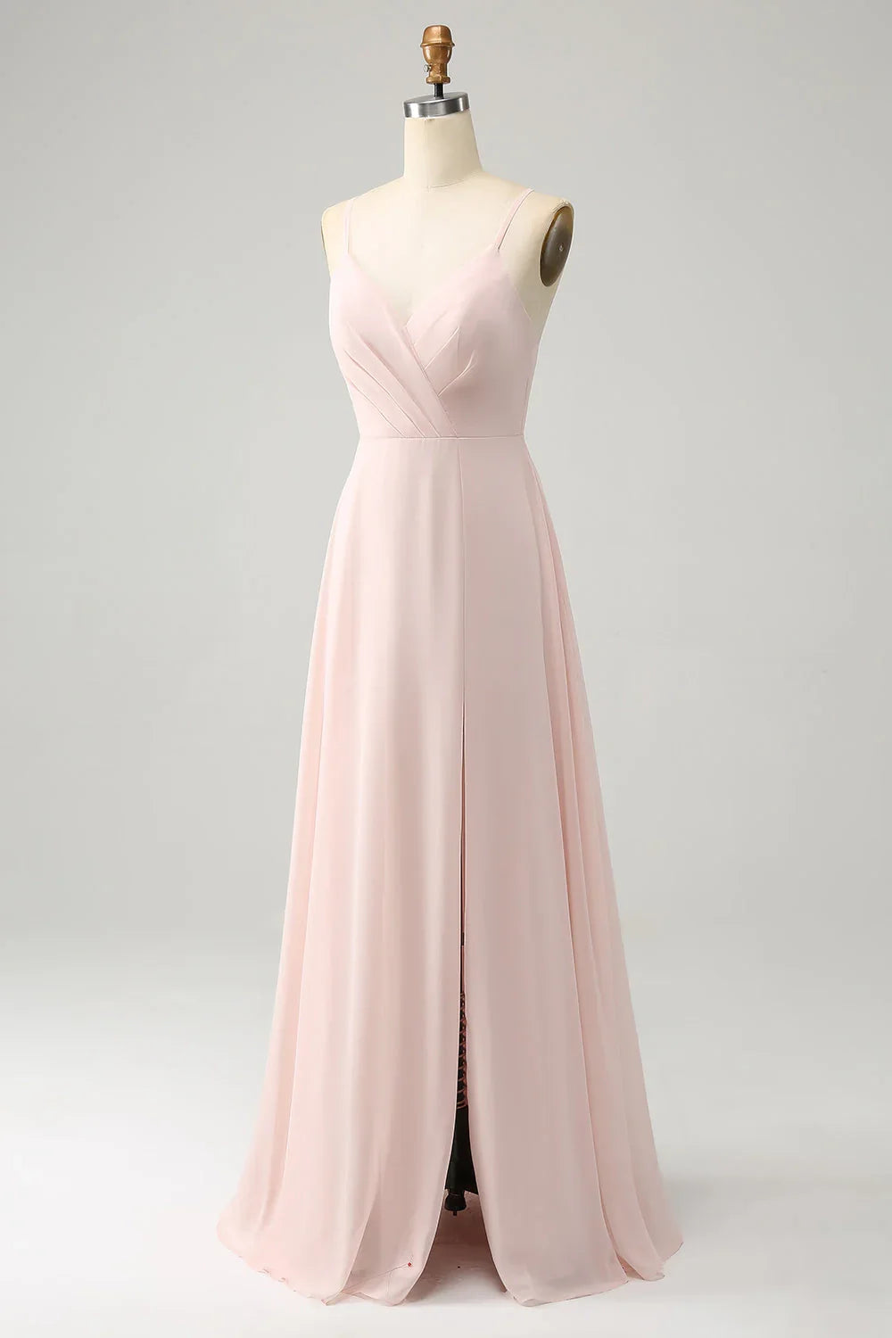 Elegant A-line slim shoulder chiffon slit long bridesmaid dress