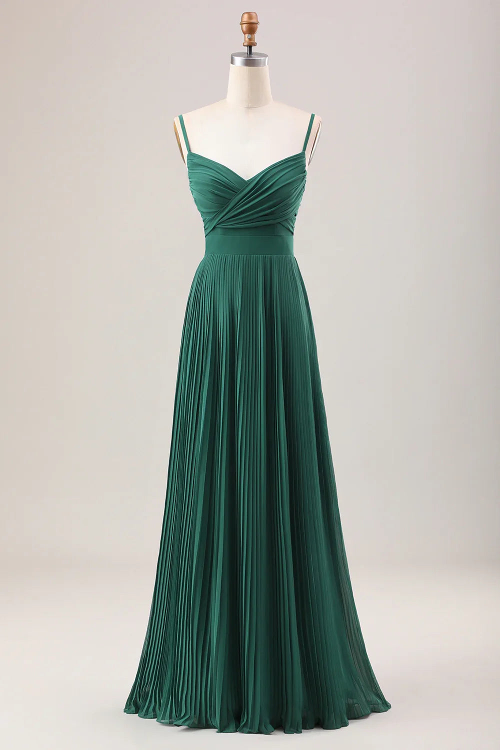 Elegant A-line slim shoulder strap pleated chiffon long bridesmaid dress
