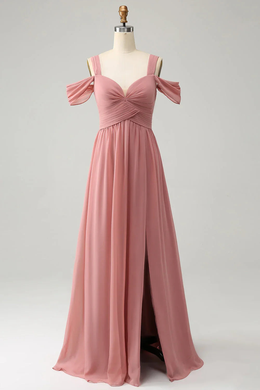 Elegant A-line slim shoulder strap pleated chiffon long slit bridesmaid dress