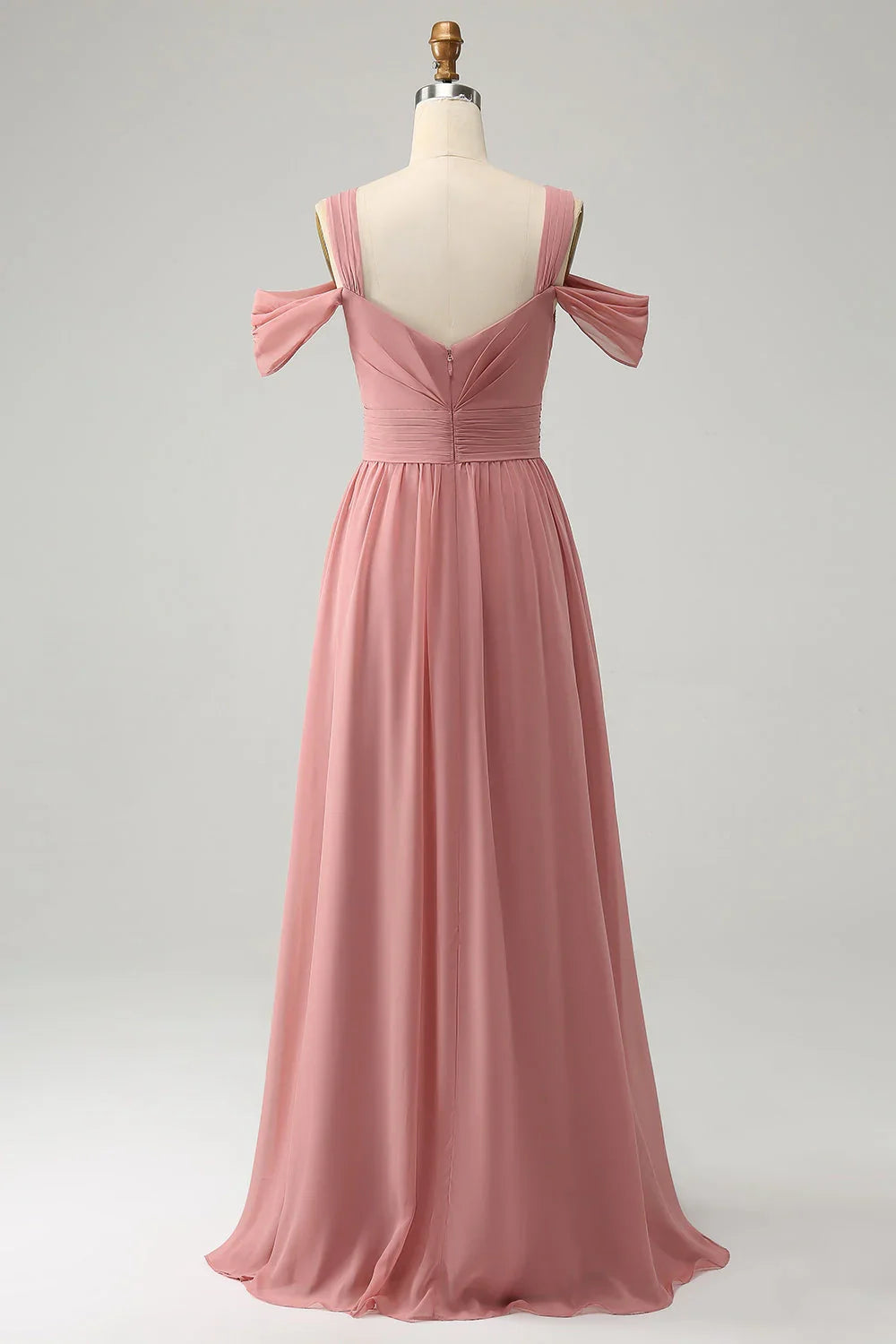 Elegant A-line slim shoulder strap pleated chiffon long slit bridesmaid dress