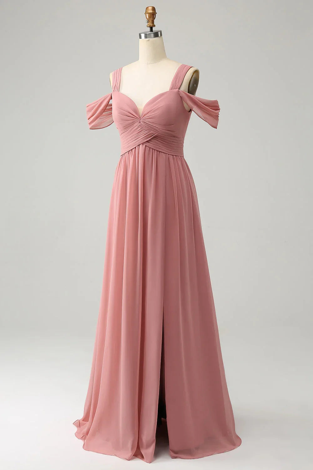 Elegant A-line slim shoulder strap pleated chiffon long slit bridesmaid dress