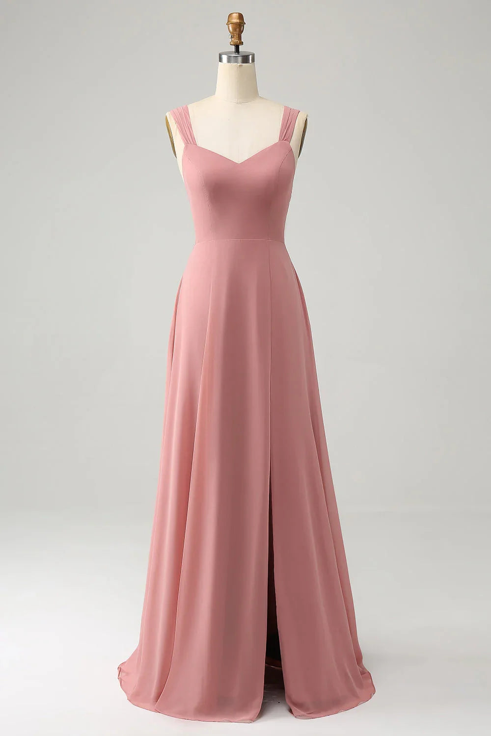 Elegant A-line slim shoulder strap pleated long slit bridesmaid dress