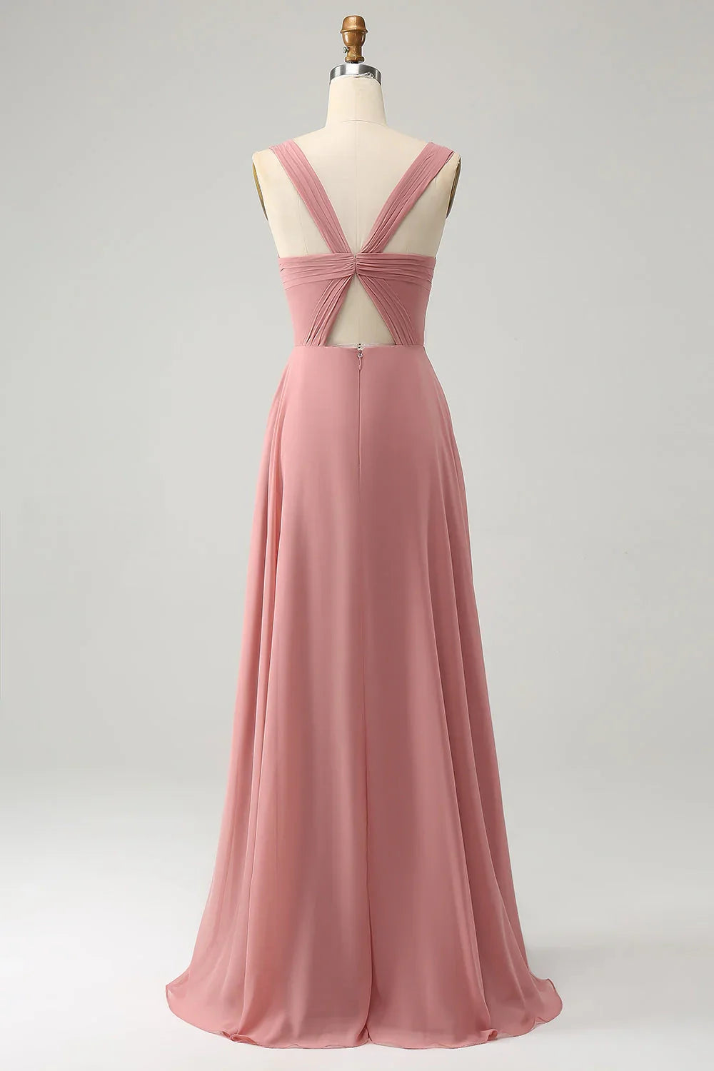 Elegant A-line slim shoulder strap pleated long slit bridesmaid dress